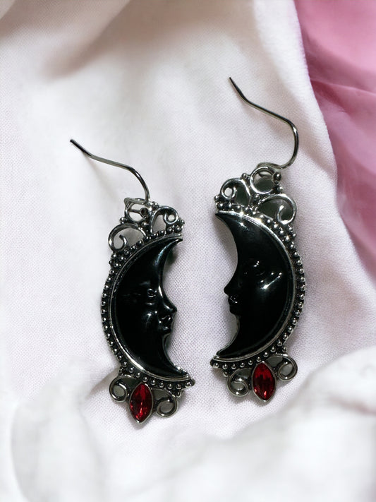 Black and Red Jewel Moon Earrings